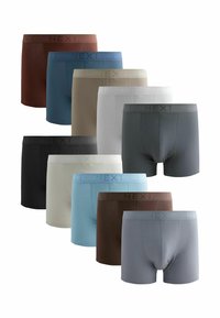 Nueve pares de boxers en varios colores: marrón, azul, gris, negro, blanco y beige. Material de algodón suave con cinturilla elástica que presenta el logo "NEXT".