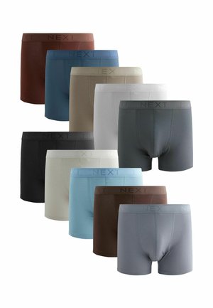 Neuf paires de boxers de différentes couleurs : marron, bleu, gris, noir, blanc et beige. Matière en coton doux avec une taille élastique portant le logo "NEXT".