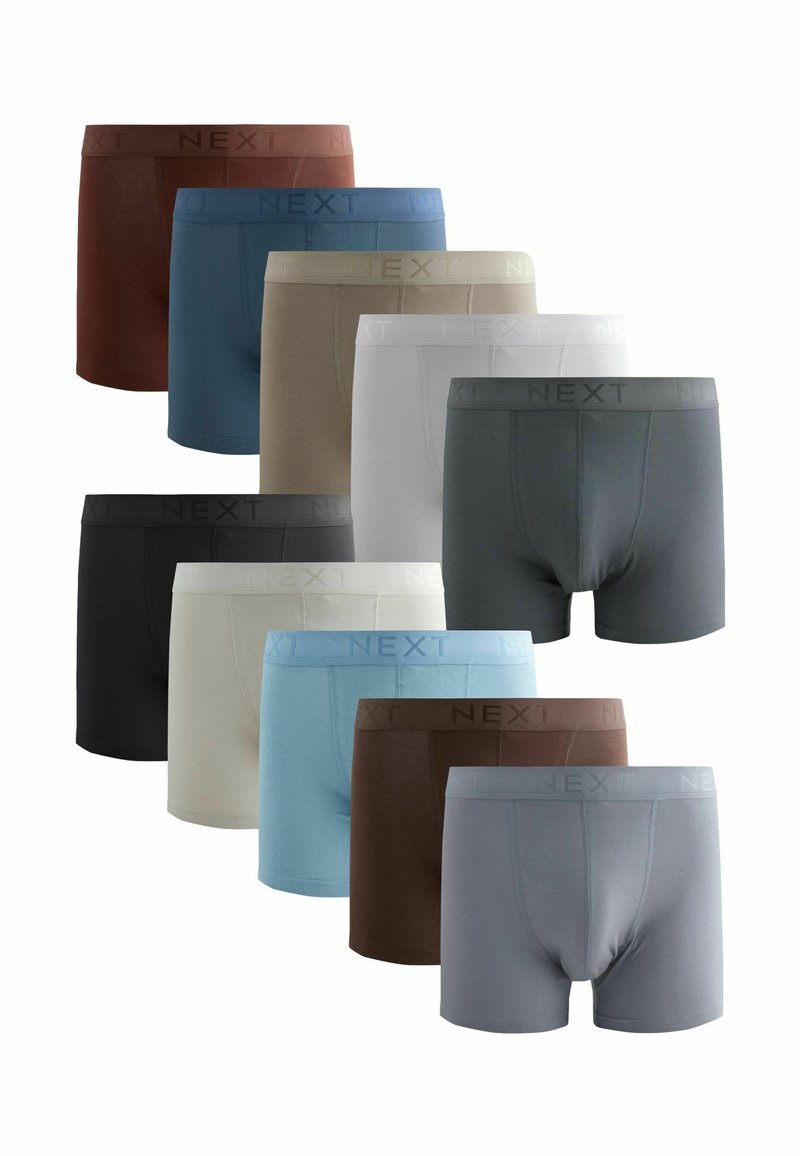 Nueve pares de boxers en varios colores: marrón, azul, gris, negro, blanco y beige. Material de algodón suave con cinturilla elástica que presenta el logo "NEXT".