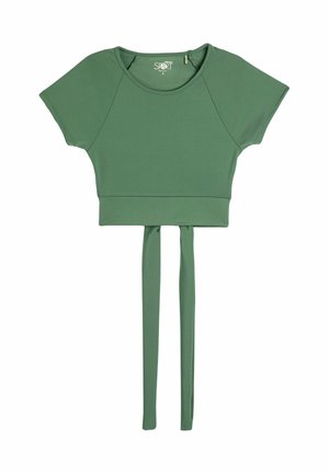 Groene korte sporttop met korte mouwen, voorzien van een strikdetail in de taille. Gemaakt van glad, rekbaar materiaal.