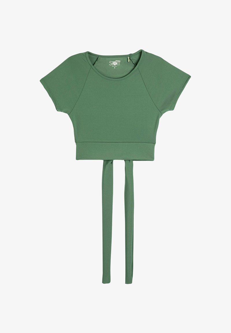 Grøn cropped atletisk top med korte ærmer, der har en bindedetalje i taljen. Fremstillet af glat, strækbart materiale.