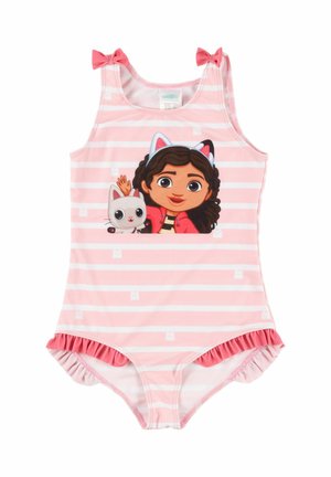 Rosarot-weiß gestreifter Baby-Strampler mit einer Cartoon-Mädchenfigur, die ein Katzenohren-Stirnband trägt und winkt, sowie einer kleinen weißen Katze, rosa Schulter-Schleifen und gerafften Beinabschlüssen.