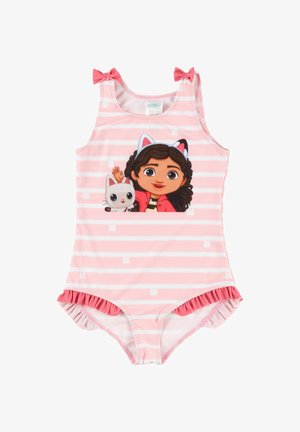 Costume da bagno per bambino con righe rosa e bianche, raffigurante una bambina dei cartoni animati che indossa una fascia con orecchie da gatto e saluta, con un piccolo gatto bianco, fiocchi rosa sulle spalle e orli arricciati sulle gambe.