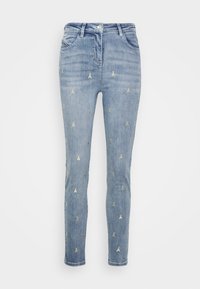 Lichtblauwe denim jeans met een slim fit, voorzien van gouden insectborduring verspreid over de stof en een klassieke five-pocket stijl.