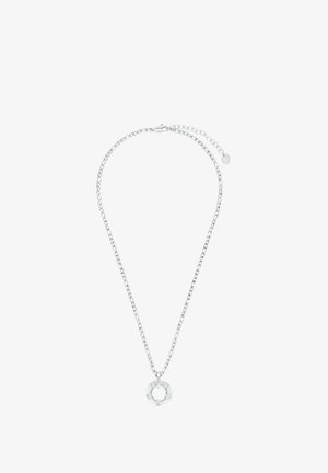 Zilveren ketting met een dunne, aangesloten schakel en een ronde hanger met vijf kleine ingewerkte edelstenen. Verstelbare sluiting voor lengte.