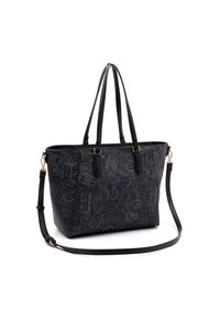 Sac fourre-tout noir avec un motif texturé de divers timbres. Dispose de poignées doubles et d'une bandoulière détachable. Accents en matériel coloris or.