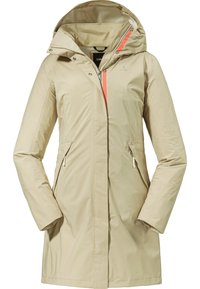 Beige wasserfester Mantel mit Kapuze, Front-Reißverschluss, zwei seitlichen Taschen und einem kontrastierenden orangefarbenen Akzent am Reißverschluss.