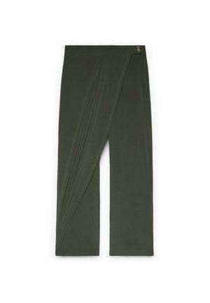 Ciemnozielone szerokie spodnie typu wrap z bocznym zapięciem na guzik i nachodzącym na siebie panelem materiału.