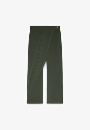 Ciemnozielone szerokie spodnie typu wrap z bocznym zapięciem na guzik i nachodzącym na siebie panelem materiału.