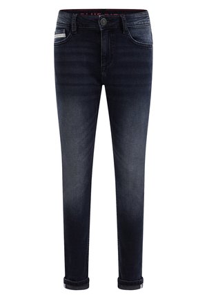 Mörkblå denimjeans med en tapered passform, med uppläggta fållar, femficksdesign och kontrasterande sömmar för extra detalj.