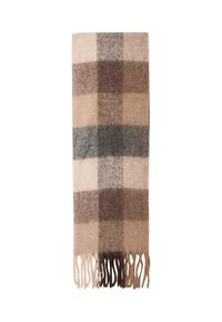 Sciarpa di lana con motivo a quadri in tonalità di beige, marrone e verde tenue, con bordi frangiati per una maggiore texture.