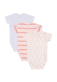 Tre body short per bambini: uno bianco, uno a righe rosa e uno con piccoli fiori su sfondo chiaro. Materiale in cotone, maniche corte.