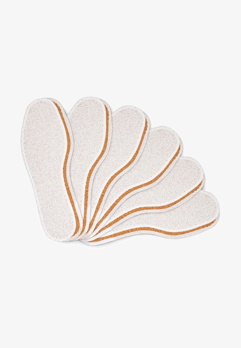 Kurkzolen gestapeld, witte textuur met een beige accentlijn. Ontworpen voor comfort en ondersteuning. Geschikt voor verschillende schoenmaten.
