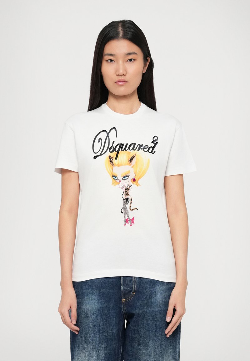 T-shirt in cotone bianco con design grafico di un personaggio, logo nero "Dsquared²" e accenti colorati. Maniche corte e scollo rotondo.