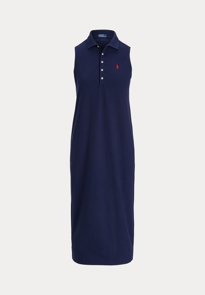 Navy blue sleeveless polo dress made of cotton, featuring a collared neck, five-button placket, and an embroidered logo on the chest.
