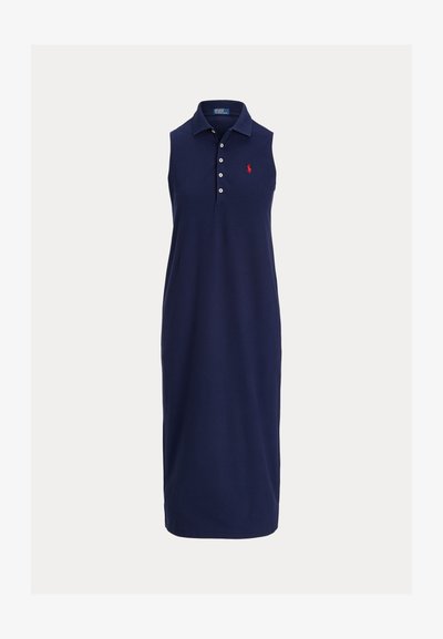 Navy blue sleeveless polo dress made of cotton, featuring a collared neck, five-button placket, and an embroidered logo on the chest.