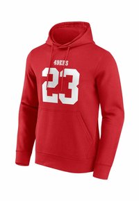 Roter Hoodie aus Baumwolle mit einer Vorderkängurutasche, Kapuze mit Kordelzug und weißem Druck mit "49ERS" und der Nummer "23" auf der Vorderseite.