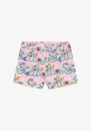 Różowe szorty z kolorowymi wzorami kwiatów i pomidorów, z turkusowym pisanym tekstem oraz żółtym falowanym obszyciem na dole.