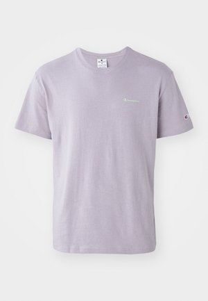 Light purple cotton t-shirt featuring a crew neck, short sleeves, and a small green logo on the chest with a logo accent on the sleeve.