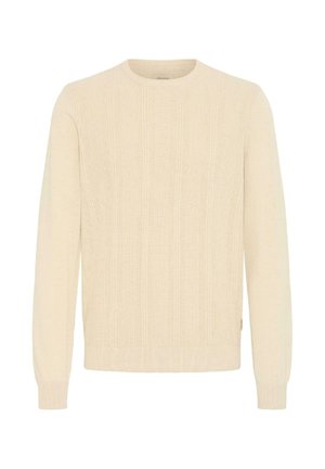Roomkleurige trui met lange mouwen, geribbelde textuur en verticaal patroon, ronde hals en aansluitende manchetten. Zachte gebreide stof.