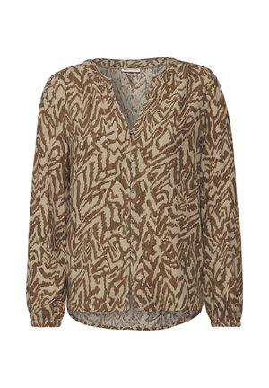 Blusa de manga larga marrón y beige con un patrón geométrico, escote en V y botones en la parte delantera. Confeccionada con una tela ligera y mangas fruncidas.