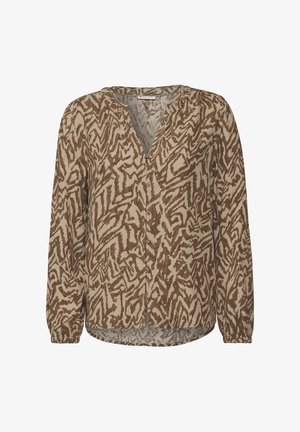 Blouse beige et marron à manches longues avec un motif géométrique, décolleté en V et boutons sur le devant. Fabriquée en tissu léger avec des manches froncées.