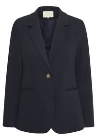 Granatowa marynarka z gładkiego materiału, z pojedynczym złotym guzikiem, klapami w kształcie notcha oraz bocznymi kieszeniami. Dopasowany krój z minimalną ilością detali.