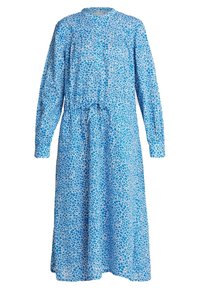 Blå kjole med et blomsterprint i varierende nuancer, lange ærmer og en indsnævret talje for en afslappet pasform. Lavet af letvægtsstof.