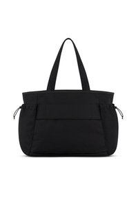 Borsa tote nera, realizzata in tessuto testurizzato, presenta due manici robusti, una tasca frontale con patta e dettagli con coulisse sui lati.