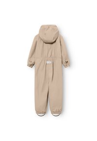 Tutina da neve impermeabile beige con cappuccio, polsini e vita elasticizzati, con etichetta sul retro. Design a copertura totale e texture liscia.