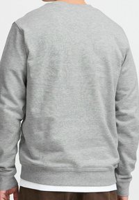 Sudadera gris hecha de una mezcla de algodón, con un cuello redondo, puños y dobladillo acanalados. Textura suave, diseño simple, sin logotipos visibles.