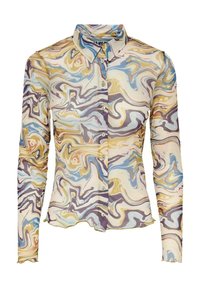 Langarm overhemd met knoopsluiting en een puntige kraag, voorzien van een multicolor abstract zwirlpatroon in beige, blauw, geel en bruin tinten.