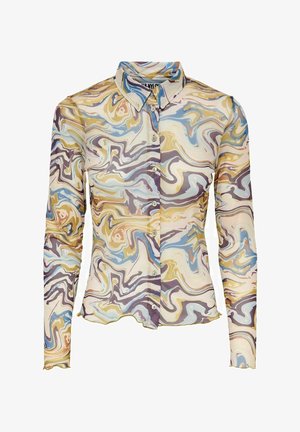 Camisa de manga larga con cuello puntiagudo, que presenta un patrón abstracto de remolinos multicolores en tonos beige, azul, amarillo y marrón.