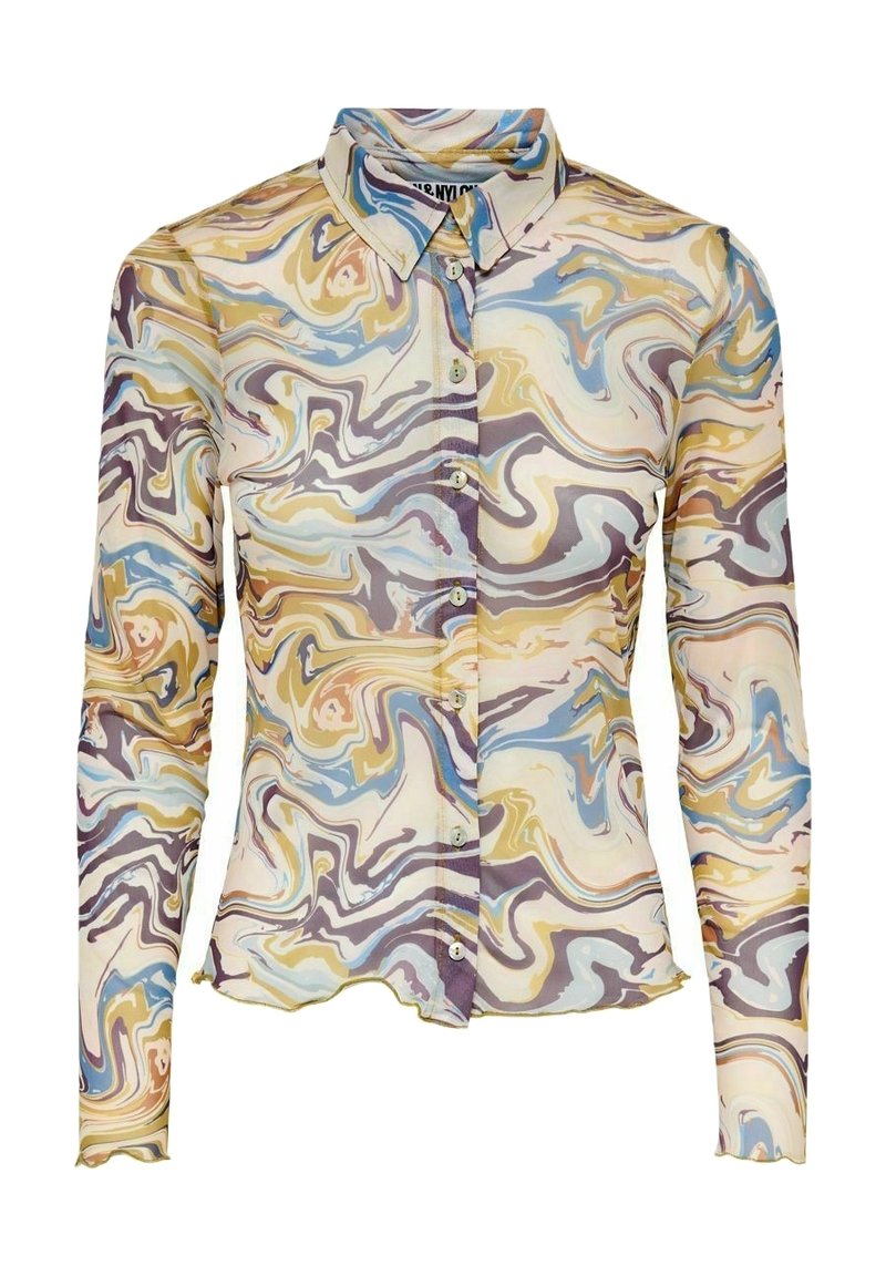 Langarm overhemd met knoopsluiting en een puntige kraag, voorzien van een multicolor abstract zwirlpatroon in beige, blauw, geel en bruin tinten.