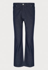 Mörkblå denimjeans med vid benmodell, fem fickor, knappstängning och subtil struktur genom hela plagget.