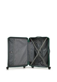 Green hardshell suitcase with a gray interior. Features include cross straps for securing contents and side zipper pocket. Four wheels for mobility.