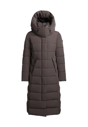 Langer, dunkelbrauner, gepolsterter Wintermantel mit hohem, gepolstertem Kragen und seitlichen Reißverschlusstaschen, ideal für kaltes Wetter.