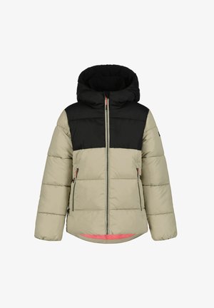 Polstret jakke med en sort øverste sektion, beige nederste sektion, hætte, frontlynlås og to sidelommer med pink detaljer.