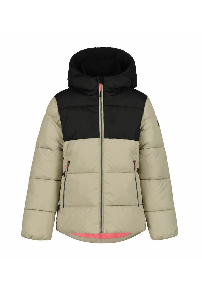 Gestepptes Jacket mit einem schwarzen oberen Abschnitt, beigem unteren Abschnitt, Kapuze, Frontreißverschluss und zwei Seiten Taschen mit pinken Akzenten.