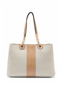 Sac fourre-tout en tissu beige avec chaînes dorées, présentant une bande centrale beige et un motif géométrique. Logo de la marque embossé à l'avant.