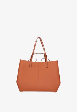 Sac cabas en cuir marron clair avec double bandoulière et coutures visibles au centre et sur les bords.