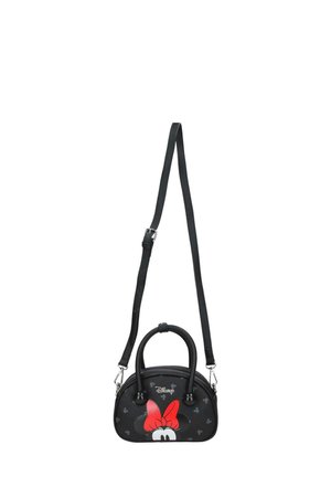 Bolso pequeño negro con orejas de Minnie Mouse y lazo rojo, correa de hombro ajustable y dos asas cortas, logo de Disney en el frente.