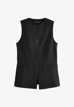 Must have muströömisega must ilma varruka vest, millel on ümmargune kaelus, kuus esitööd nuppu ja kaks küljetaskut, valmistatud siledast kangast.