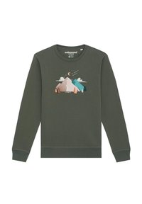 Sweatshirt vert olive en coton avec un col ras du cou. Présente un graphique de montagne imprimé aux couleurs pastel, avec des arbres et une lune.