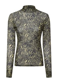 Langärmliges, hochgeschlossenes Oberteil mit einem wellenförmigen, abstrakten Muster in Schwarz und Hellgrün, taillierter Silhouette und transparenter Stofftextur.