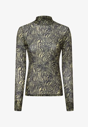 Långärmad topp med hög krage, i ett böljande svart och ljusgrönt abstrakt mönster, åtsittande siluett och genomskinlig tygstruktur.