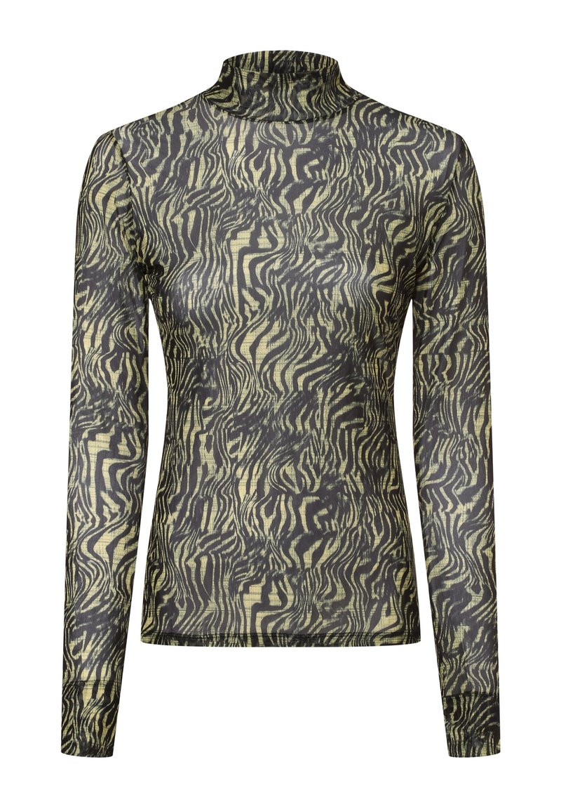 Langärmliges, hochgeschlossenes Oberteil mit einem wellenförmigen, abstrakten Muster in Schwarz und Hellgrün, taillierter Silhouette und transparenter Stofftextur.