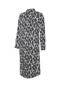 Lång, knäppt klänning i marinblått och krämfärgat med ett zigzag-mönster. Tillverkad av ett lätt material, med krage och långa ärmar.