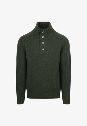 Donkergroen gebreide trui met een hoge geribde kraag en vier bruine knopen langs de voorkant, lange mouwen en geribde zoom en manchetten.