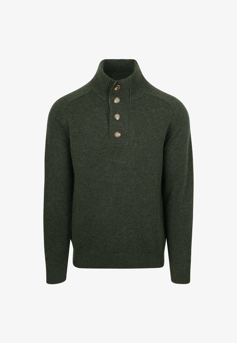 Dunkelgrüner Strickpullover mit hohem Rippkragen und vier braunen Knöpfen an der vorderen Knopfleiste, langen Ärmeln sowie Rippabschlüssen an Saum und Ärmeln.